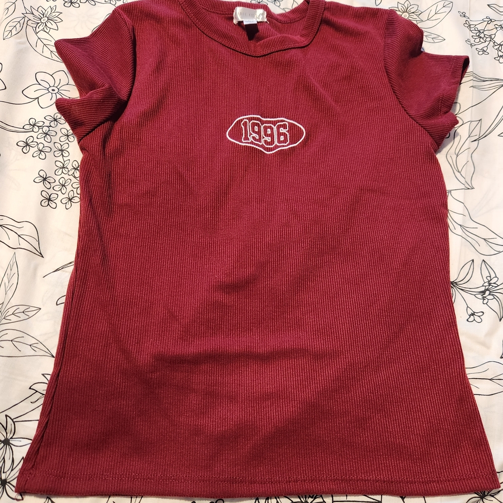 Ribbed Short Sleeve Tee in Maroon with 1996 Embroidery